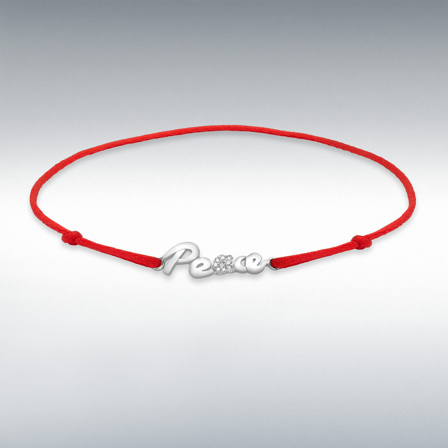 9ct White Gold 0.03ct Diamond 'Peace' on Adjustable Red Silk Bracelet 14cm/5.5"