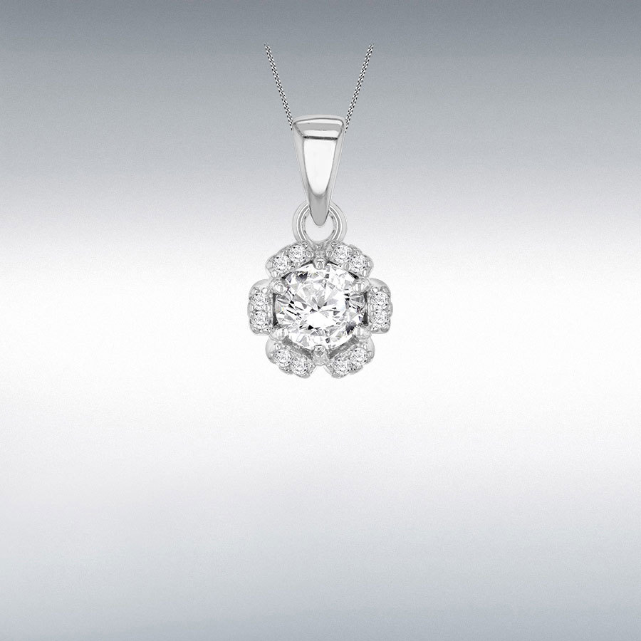 Sterling Silver Rhodium Plated 8mm Flower Petal White CZ Pendant