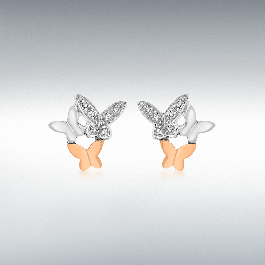 9ct 2-Colour Gold 0.05ct Diamond 13.5mm x 13mm Butterfly Cluster Stud Earrings