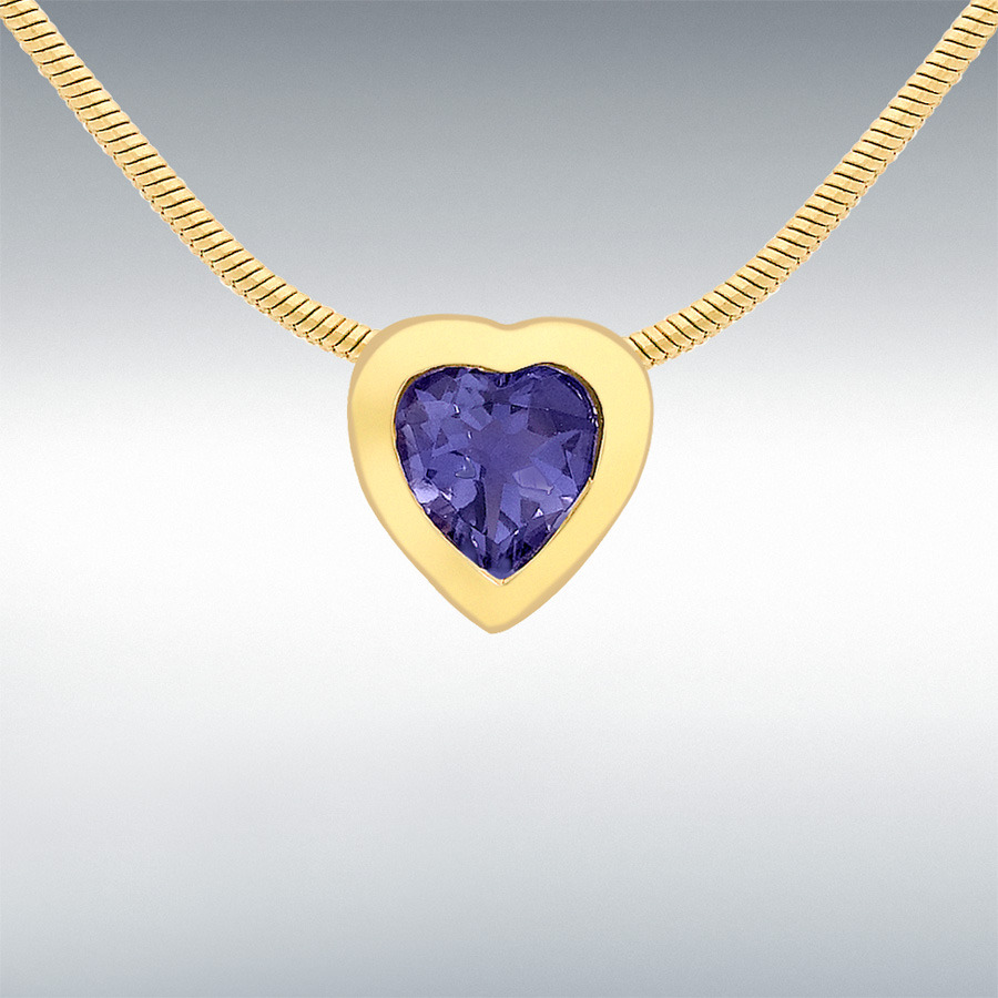 9ct Yellow Gold Blue Iolite 7mm x 7mm Heart Pendant on Snake Chain 41cm/16"