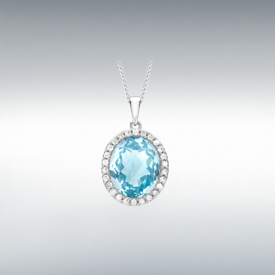 9ct White Gold 0.20ct Diamond and Oval Blue Topaz 12mm x 20.2mm Pendant