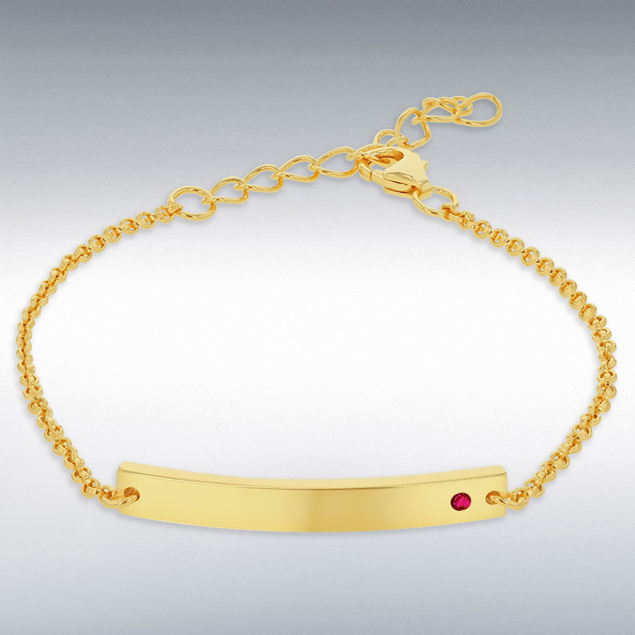 Sterling Silver Yellow Gold Plated ID Bar with July Birthstone CZ  Adjustable Bracelet 13cm/5"- 16cm/6.25"