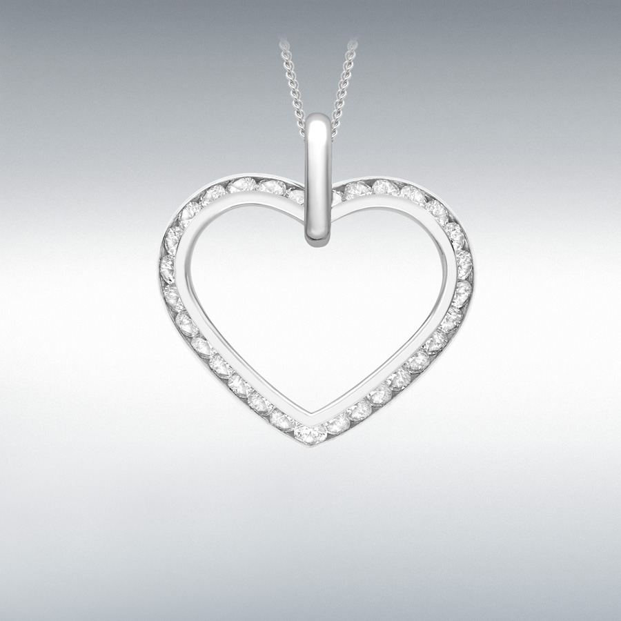 9ct White Gold Channel Set CZ 22mm x 23mm Outline Heart Pendant