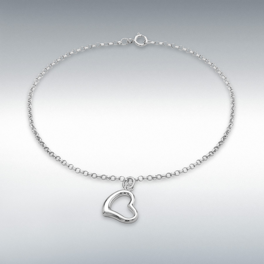 9ct White Gold 11mm x 10mm 'Heart'-Charm Round-Belcher-Chain Bracelet 18cm/7"