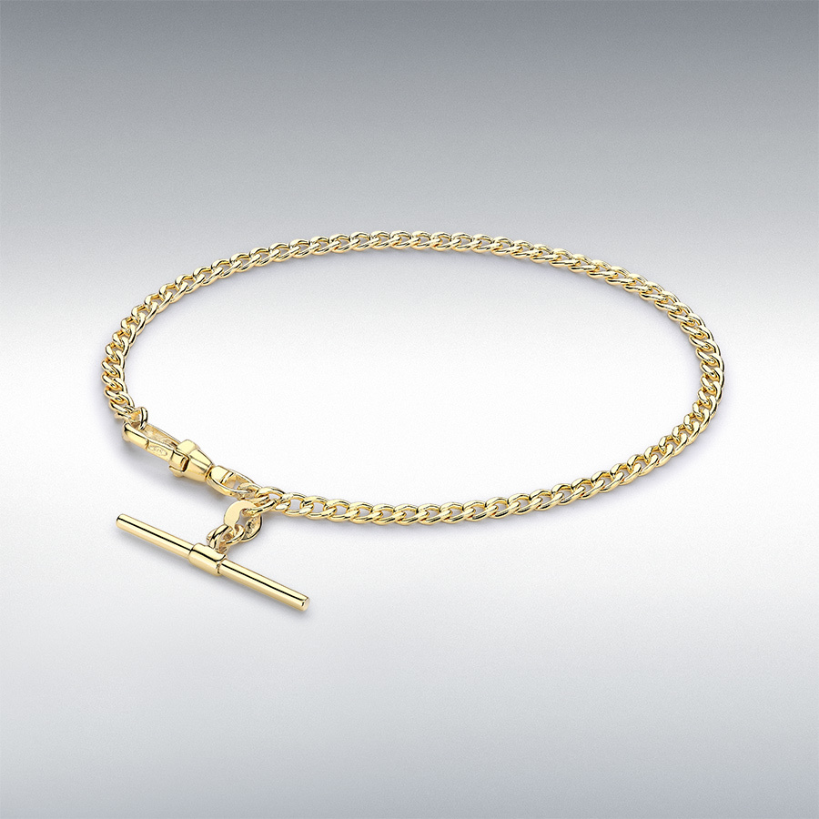 9ct Yellow Gold 25mm x 2mm T-Bar 80 Hollow Diamond Cut Curb Albert-Clasp Bracelet 19cm/7.5