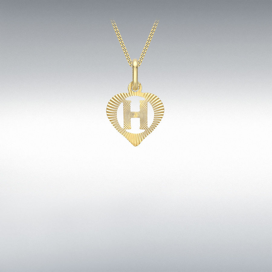 9ct Yellow Gold 10.5mm x 16.5mm Diamond Cut 'H' Initial Heart Pendant