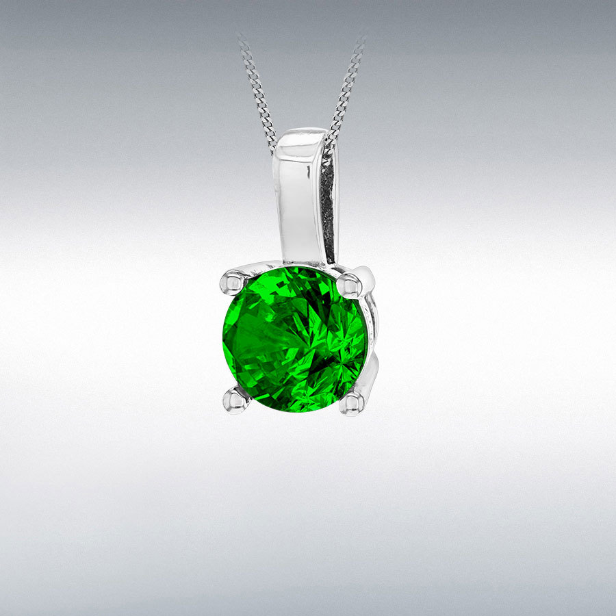 Sterling Silver Rhodium Plated Emerald 5mm Glass Stone May Birthstone Pendant
