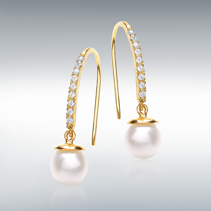 9ct Yellow Gold CZ and Freshwater Pearl 7mm x 25mm Drop Earrings