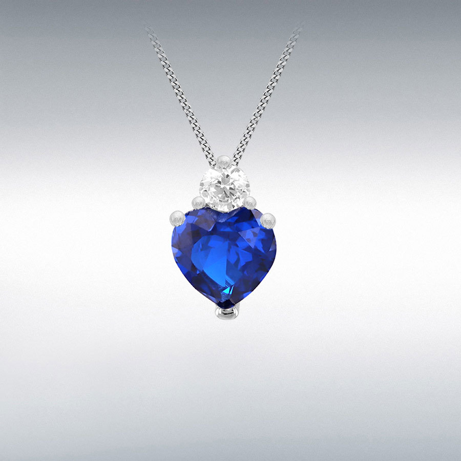 Sterling Silver Rhodium Plated 6mm Heart Shape Synthetic Blue Spinel with 3mm Round White CZ Pendant
