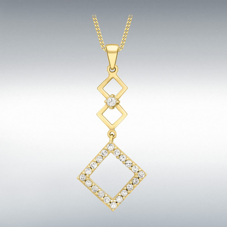 9ct Yellow Gold CZ 14mm x 30mm 3-Squares Drop Pendant