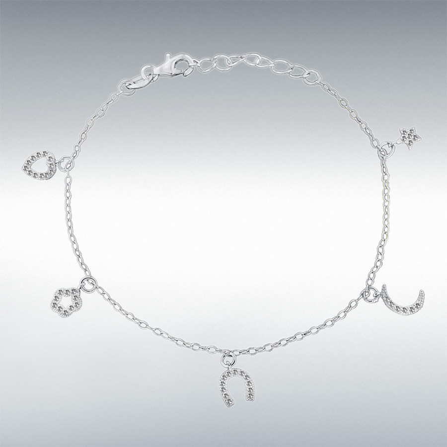 Sterling Silver Rhodium Plated CZ 5-Charm Adjustable Bracelet 16.5cm/6.5"-19cm/7.5"