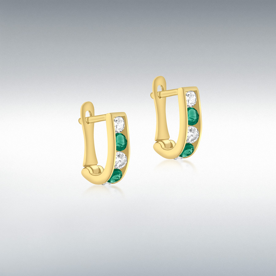 9ct Yellow Gold 10 x 2mm White and Green CZ 3mm x 9mm Half-Hoop Earrings