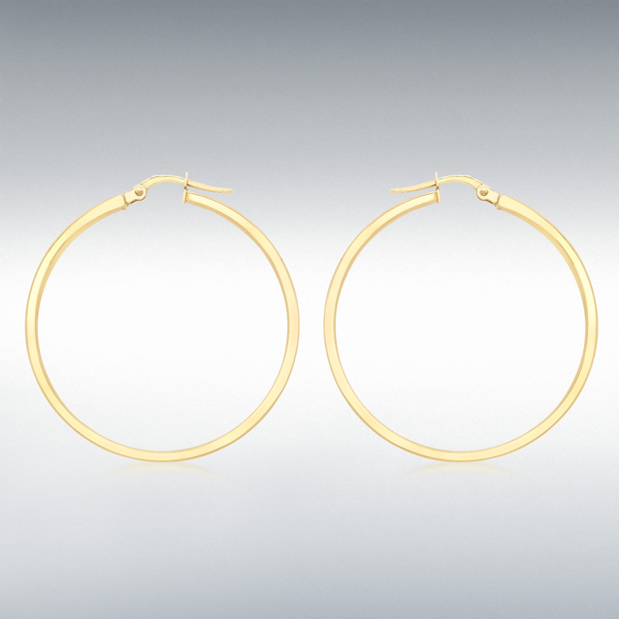 9ct Yellow Gold 3mm Rectangular-Tube 30mm Polished Hoop Creole Earrings