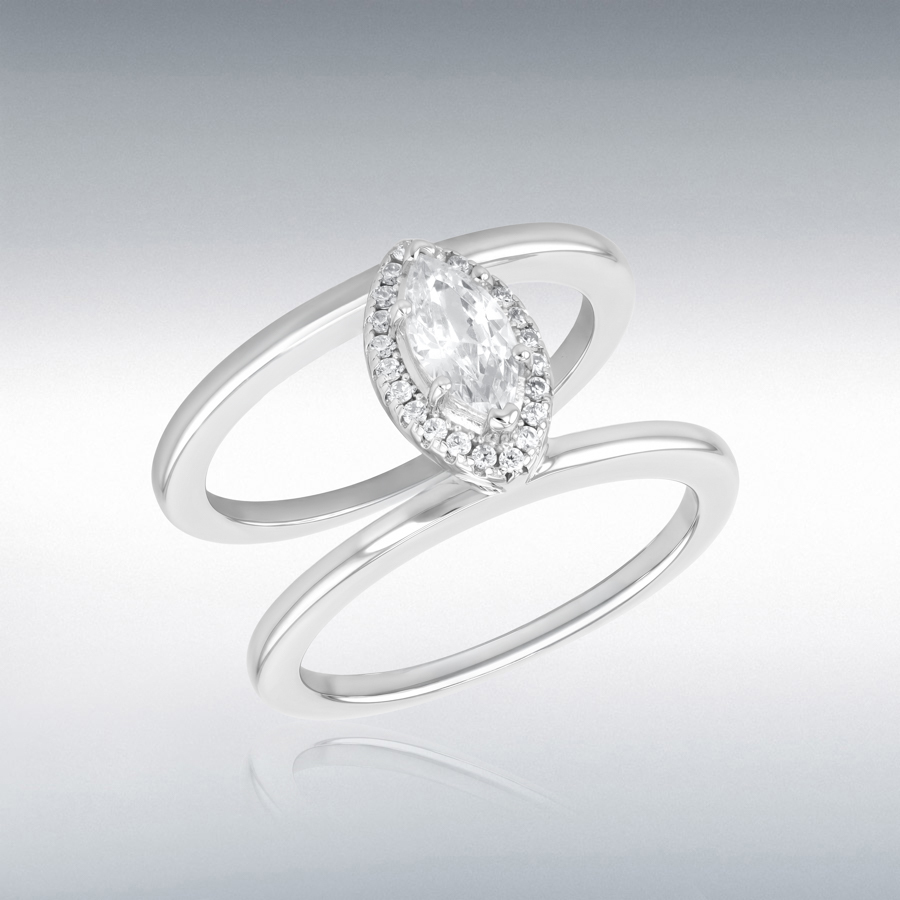 Sterling Silver Rhodium Plated Oura Ring Marquise CZ Cluster Enhancer
