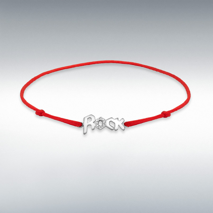 9ct White Gold 0.03ct Diamond 'Rock' on Adjustable Red Silk Bracelet 14cm/5.5"