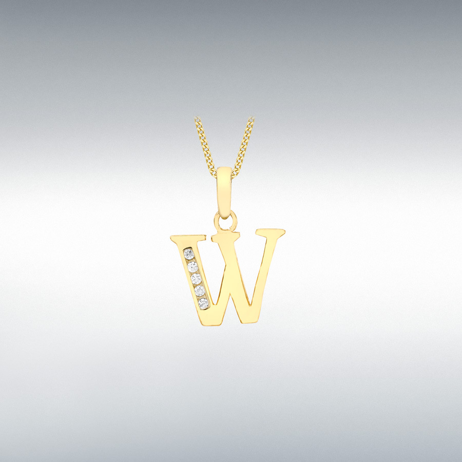 9ct Yellow Gold CZ 12mm x 13mm 'W' Initial Pendant