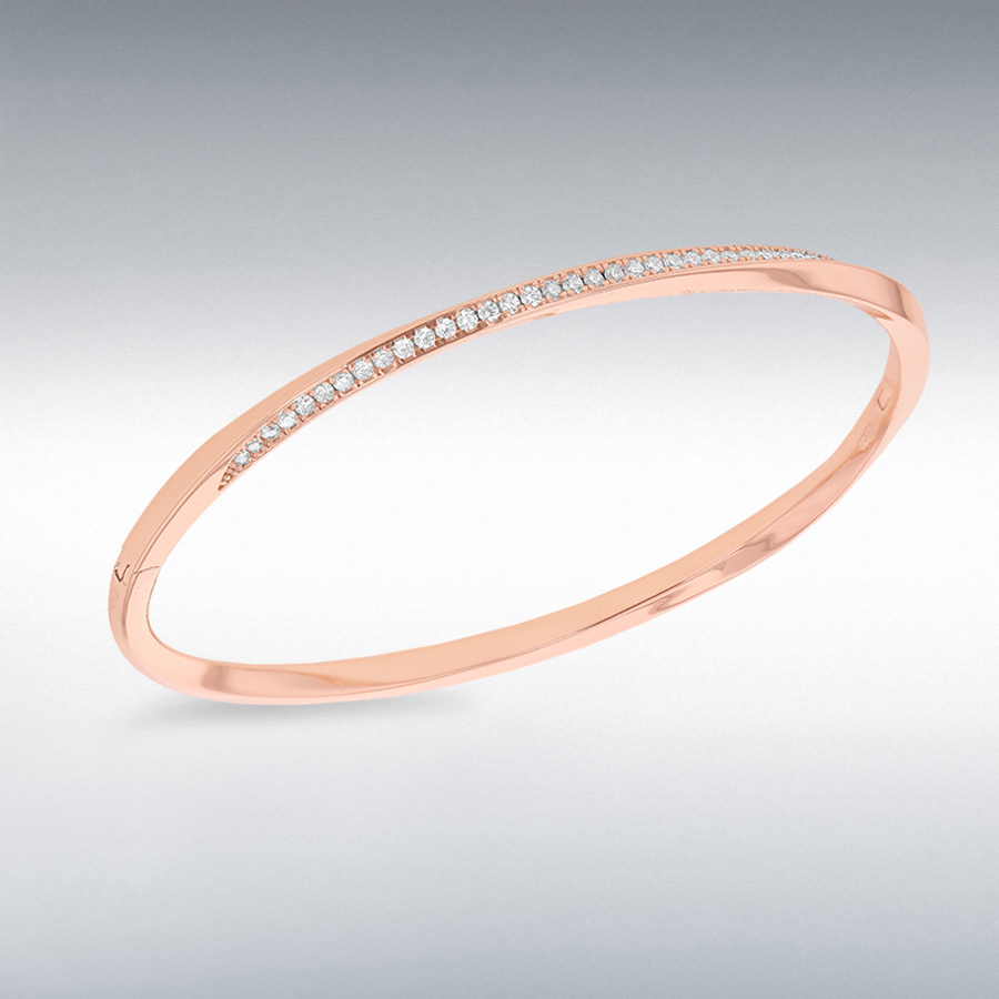Sterling Silver Rose Gold Plated CZ 3mm Twisted-Band Bangle
