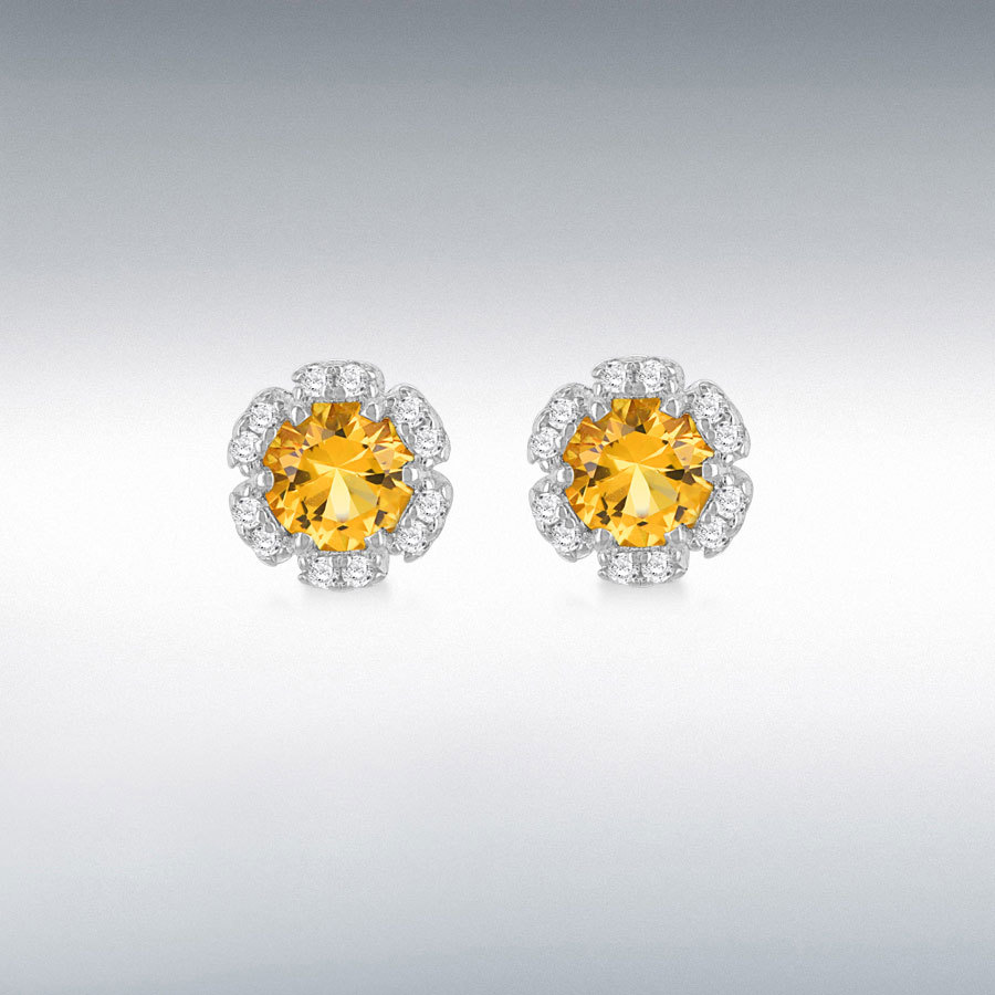 Sterling Silver Rhodium Plated 6.5mm Flower Petal Yellow CZ Stud Earrings