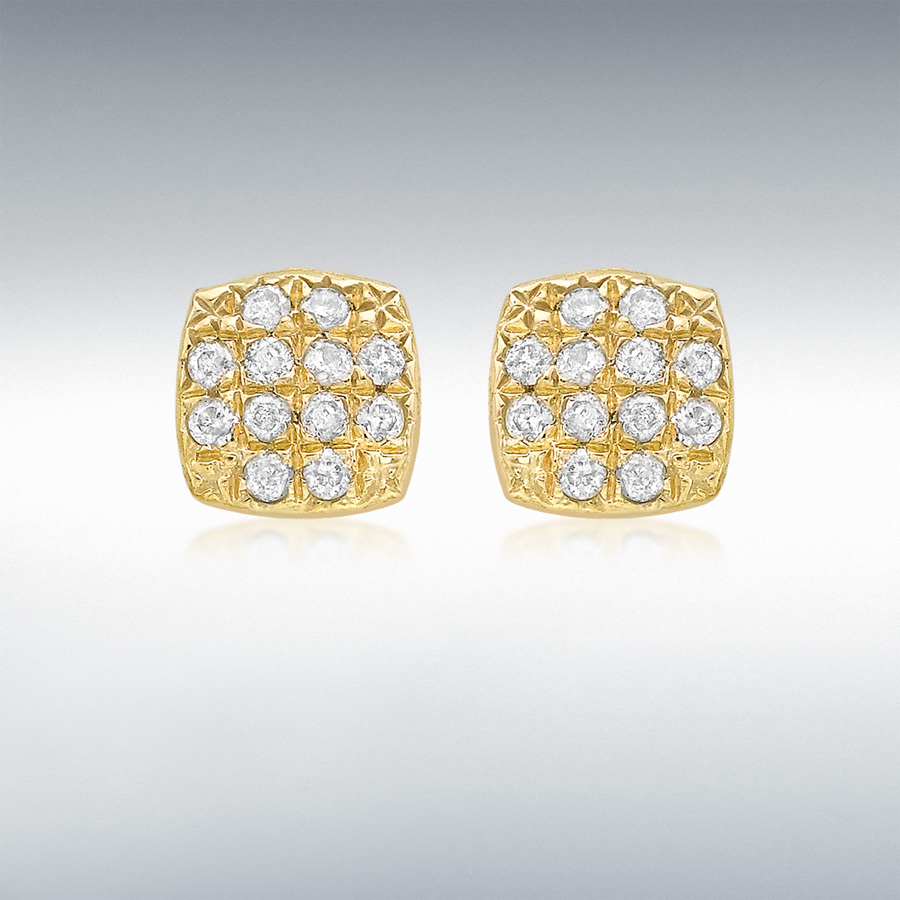 9ct Yellow Gold 0.10ct Diamond Pave Set 5mm Cushion Stud Earrings