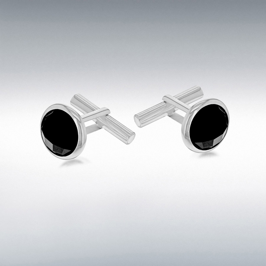 Sterling Silver Faceted Black Onyx 15mm Round Cufflinks