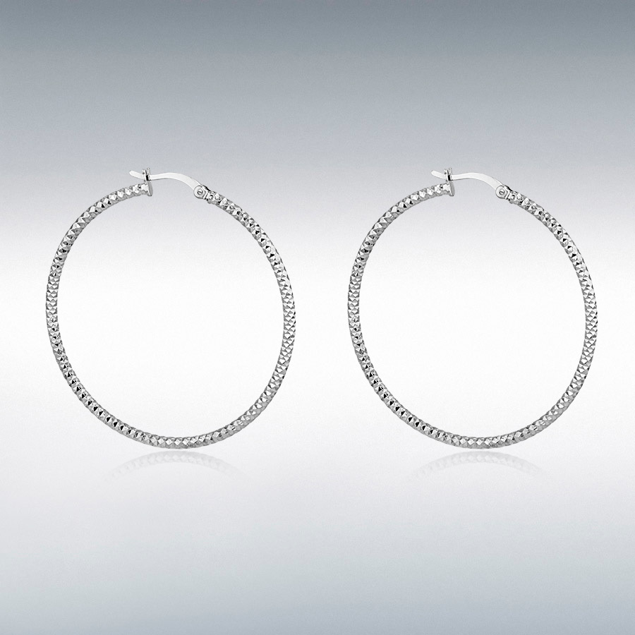 Sterling Silver Rhodium Plated 50mm Diamond Cut Hoop Creole Earrings