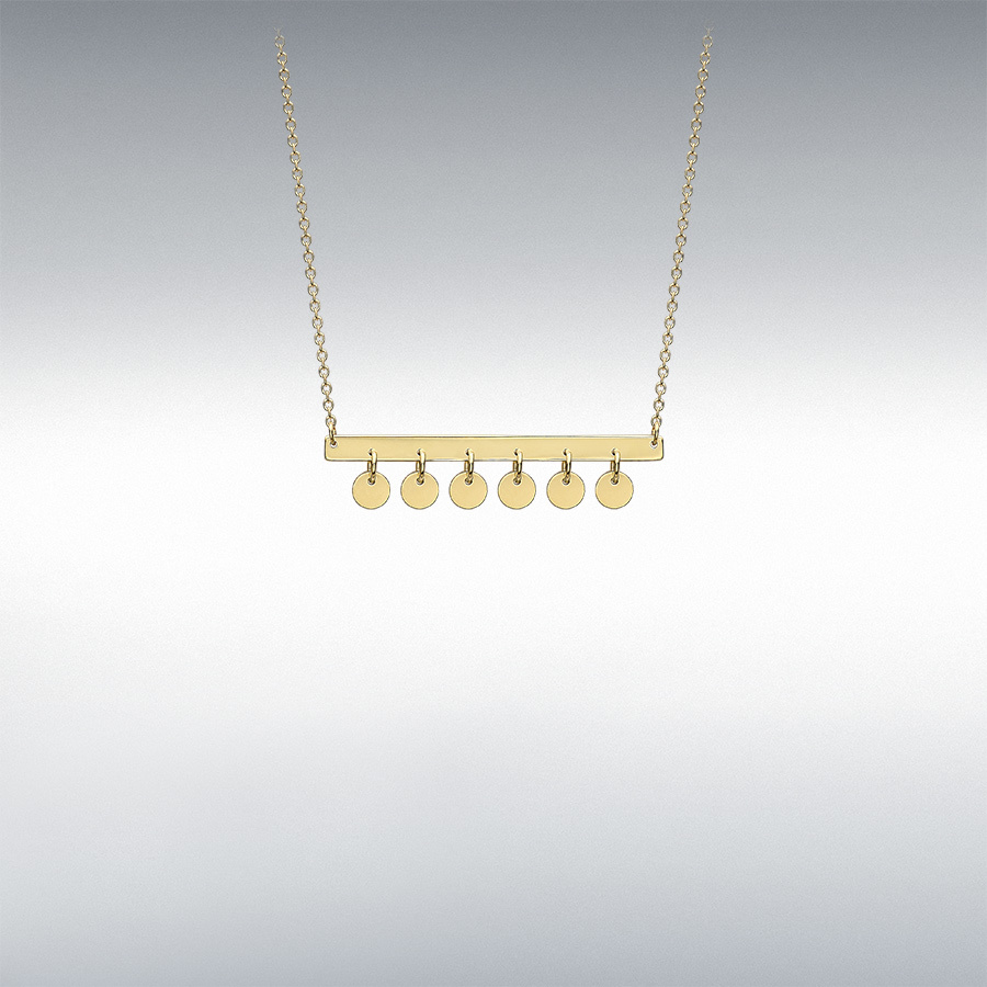 9ct Yellow Gold 30mm x 2.5mm Bar and Hanging 3.4mm Discs Adjustable Necklace 41cm/16"-43cm/17"