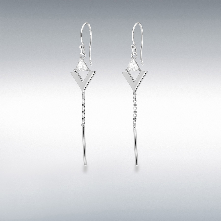 Sterling Silver Rhodium Plated CZ Triangle and Chain Drop Earrings