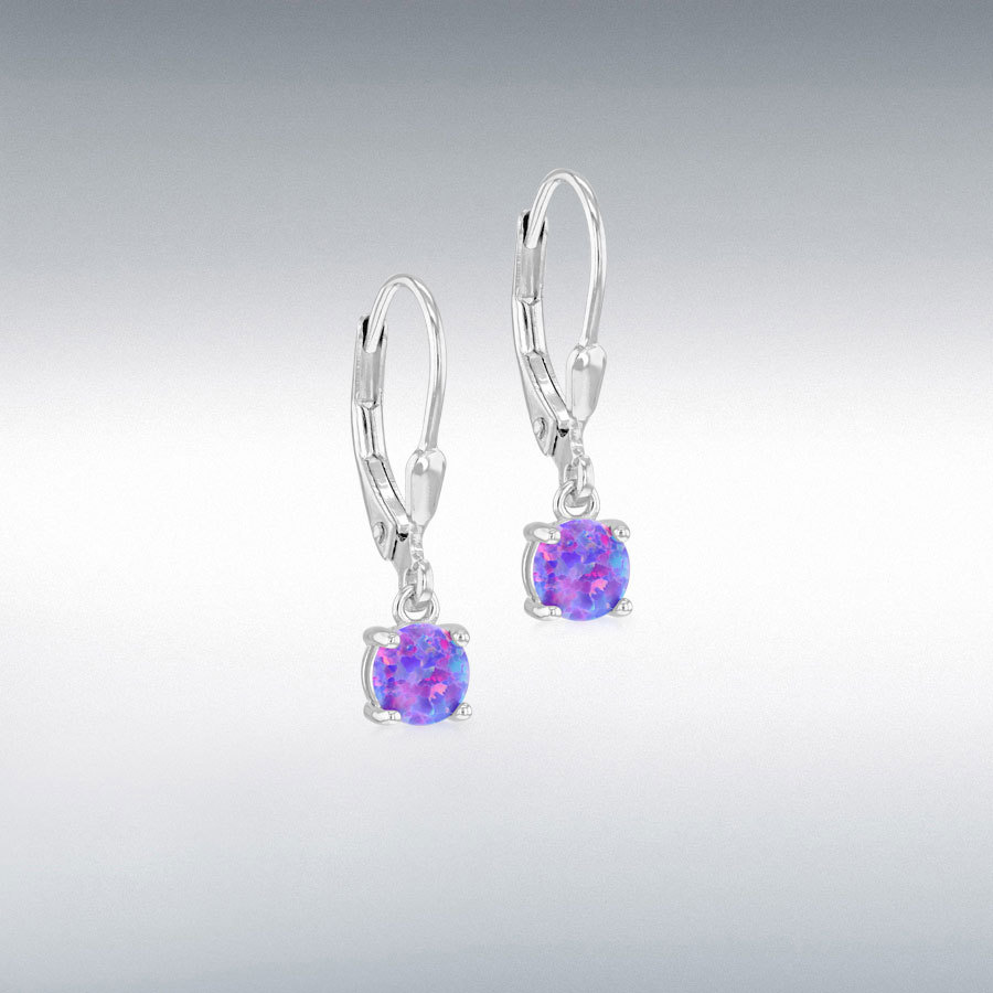 Sterling Silver Rhodium Plated 5mm Synthetic Purple Round Opals Drop Earrings