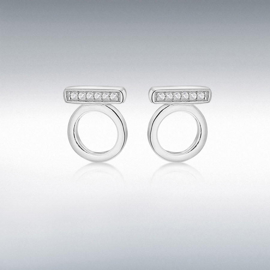 Sterling Silver Rhodium Plated CZ 8.7mm x 10.7mm Circle & Bar Stud Earrings