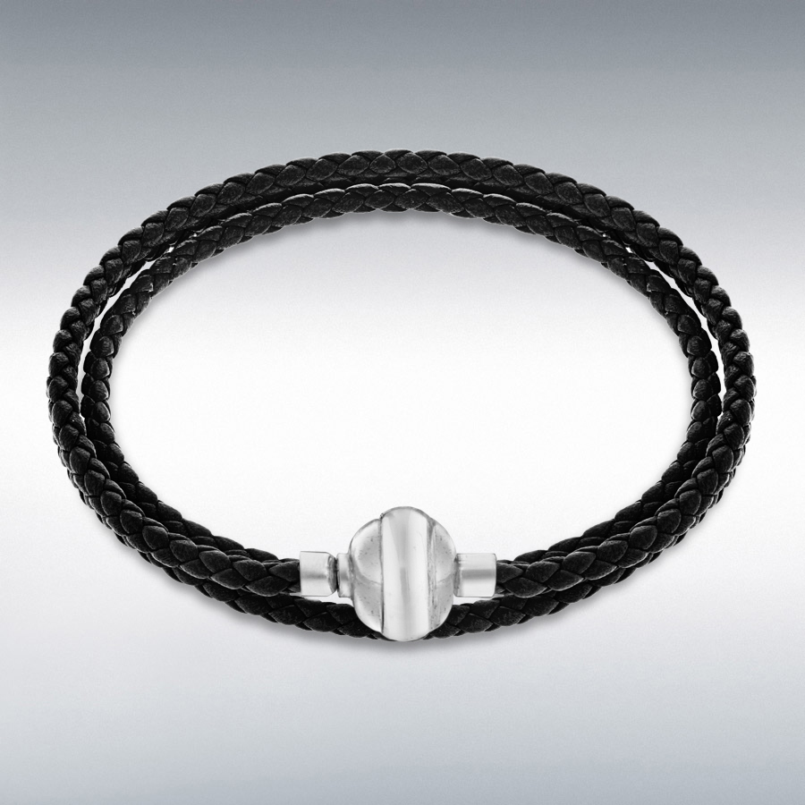 Sterling Silver Black Plaited Leather Wrap Bracelet 60cm/23.5"