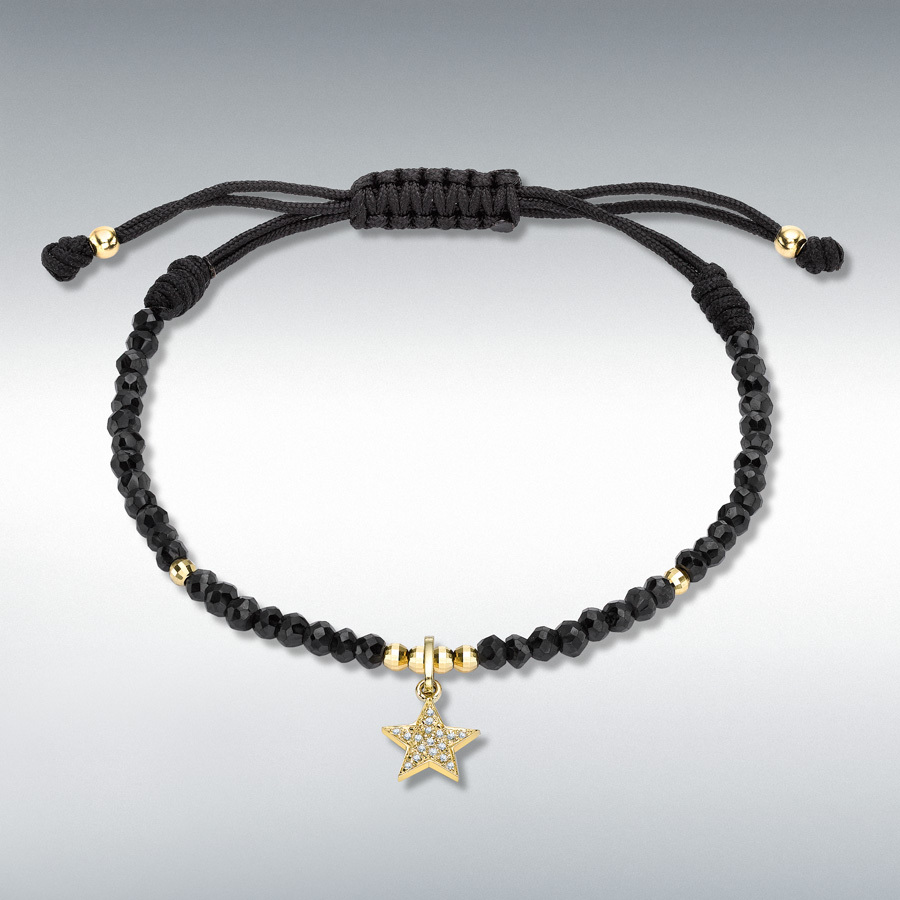 9ct Yellow Gold 0.05ct Diamond Star Charm on Adjustable Black Spinel Bracelet 22cm/8.5"