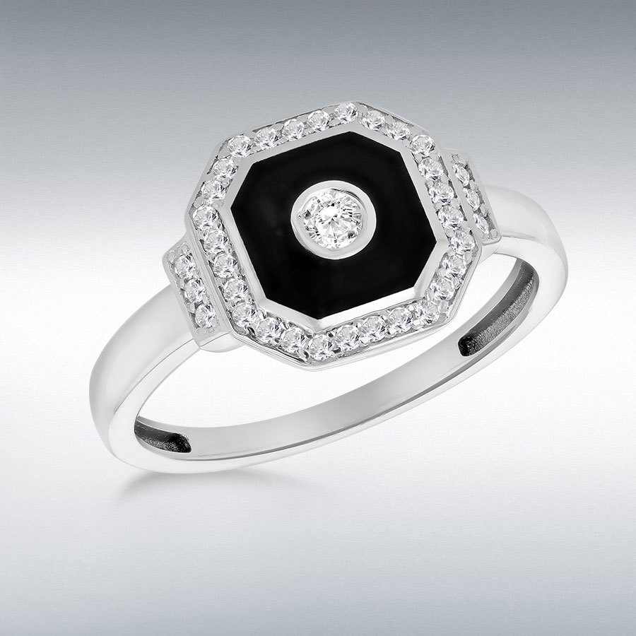 9CT WHITE GOLD BLACK ENAMEL WITH DIAMONDS OCTAGON RING