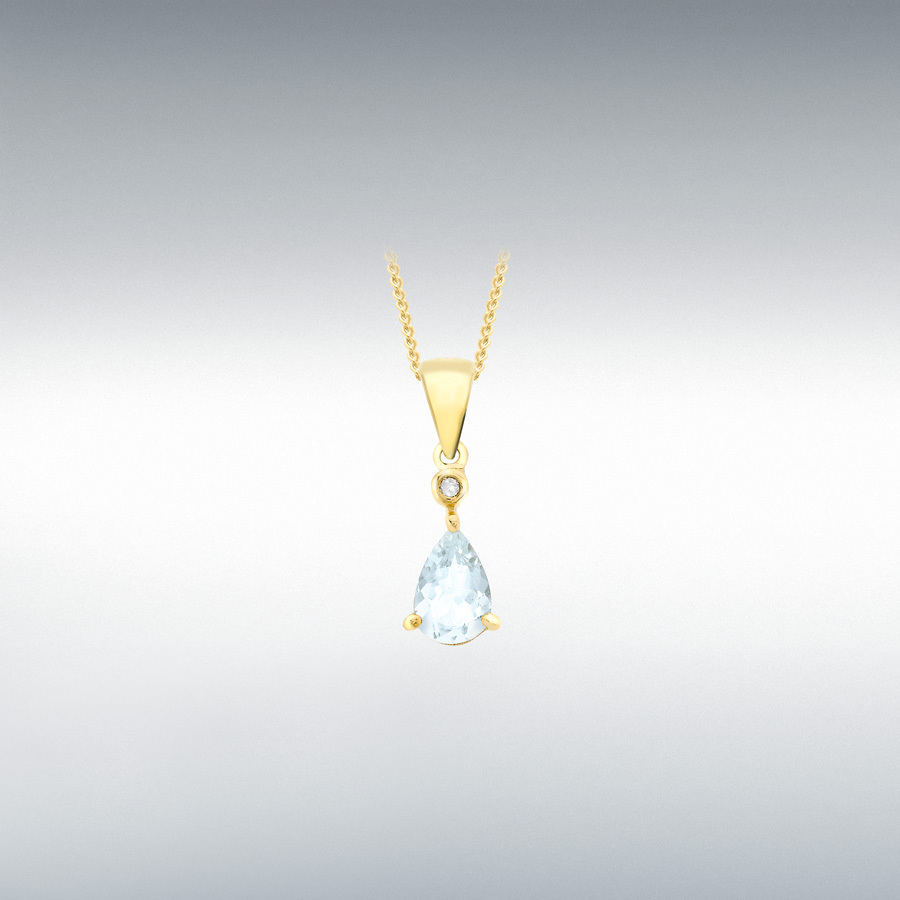 9ct Yellow Gold 0.005ct Diamond and 5mm x 6mm Aquamarine Pear 5.1mm x 15.1mm Drop Pendant