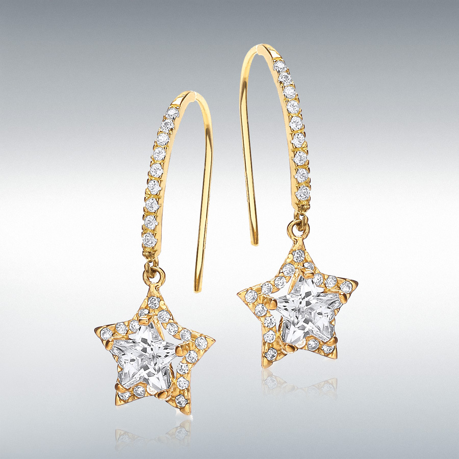 9ct Yellow Gold Star CZ 12mm x 28mm Drop Earrings