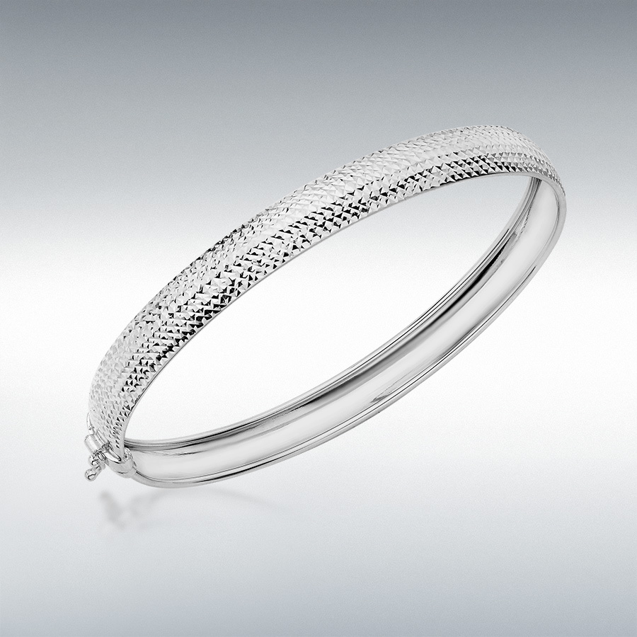 9ct White Gold 7mm Half-Diamond-Cut Bangle  