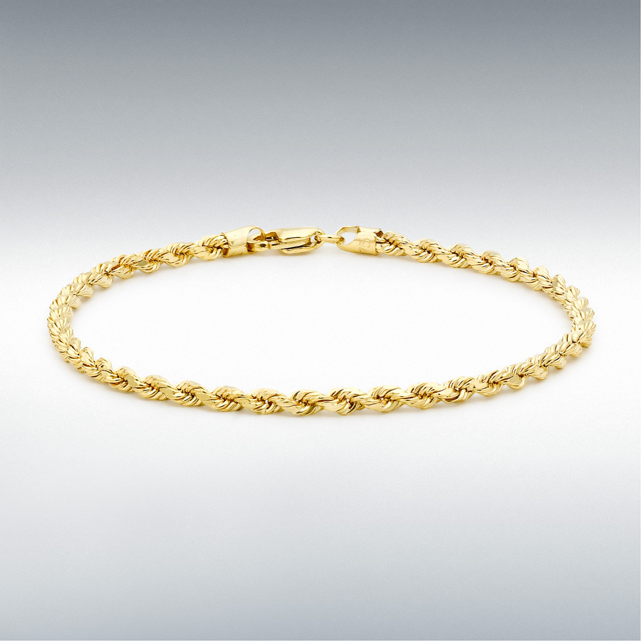 9ct Yellow Gold Hollow Diamond Cut Rope Bracelet 19cm/7.5"