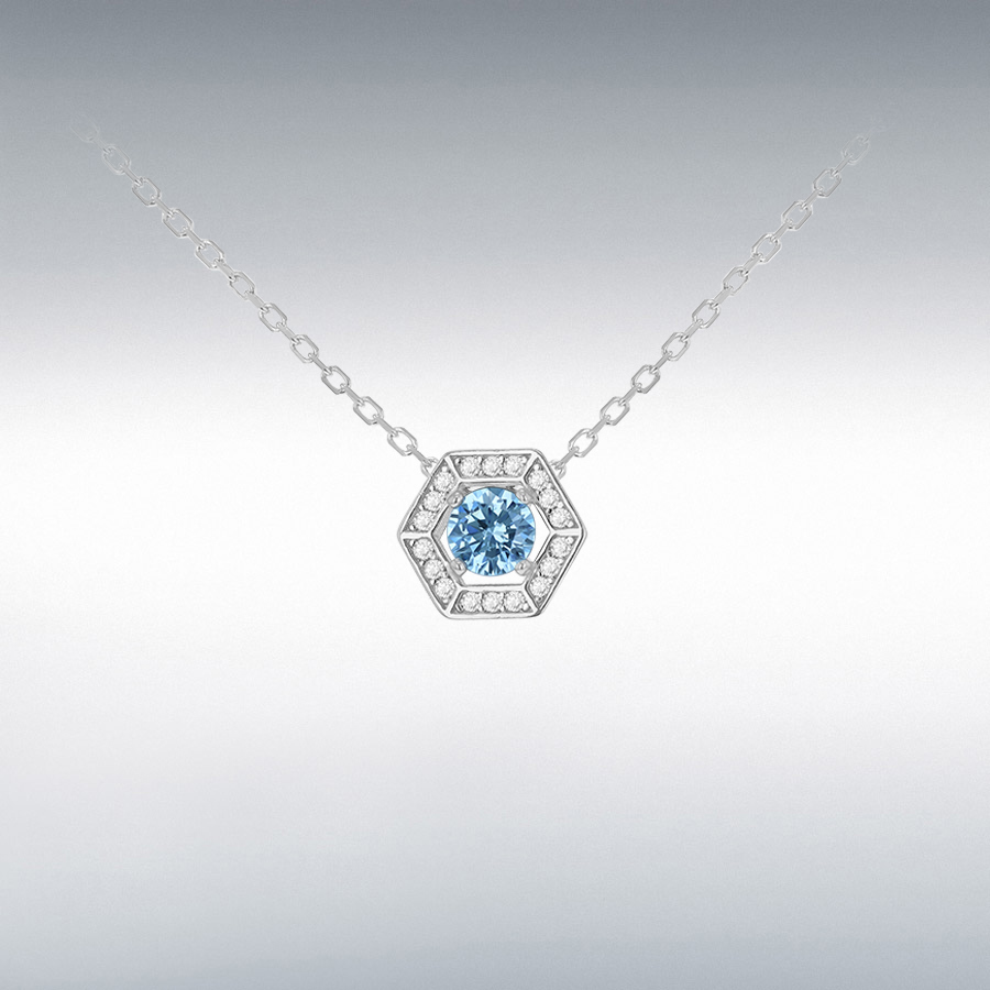 Sterling Silver Rhodium Plated 11mm x 9.5mm Round Small White CZ Halo Hexagon with 5mm Round Light Blue CZ Necklace  42cm/16.5" - 45cm/17.75"