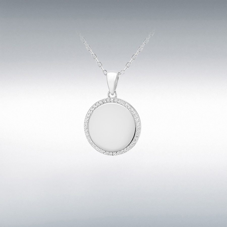 Sterling Silver CZ 17mm x 24.5mm Disc Adjustable Necklace 43cm/17"-46cm/18"