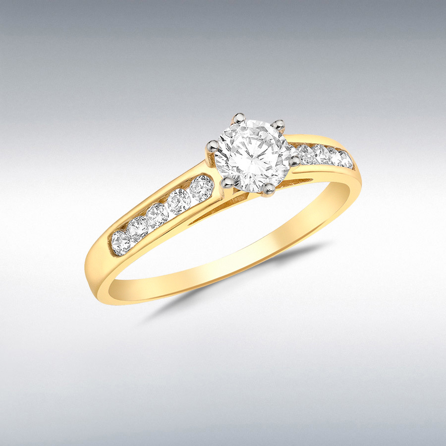 9ct Yellow Gold 5mm Round Solitaire CZ with 10 x 2mm CZ Shoulder Ring