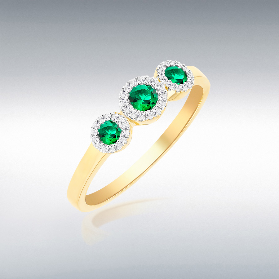 9CT Yellow Gold 5mm x 14mm Trinity Rings with Lab Emeralds and Diamonds 