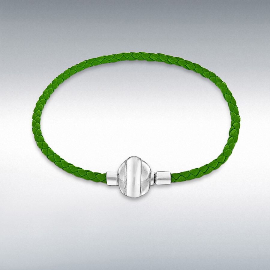 Sterling Silver Green Plaited Leather Bracelet 19cm/7.5"