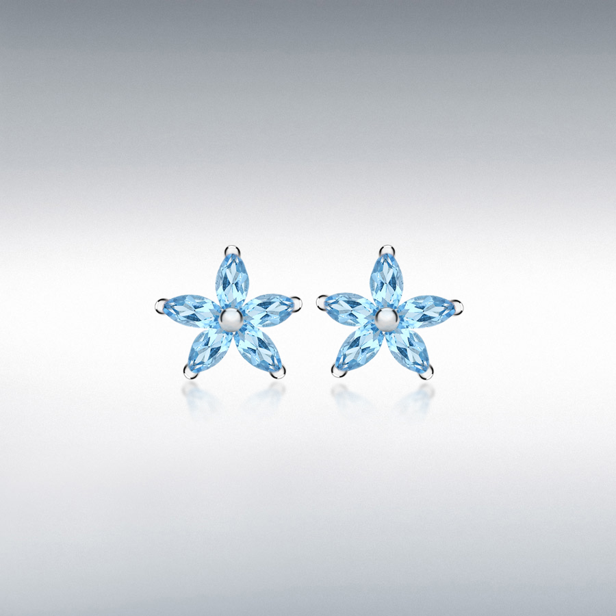 Sterling Silver Blue Marquise CZ 11mm x 10.5mm Flower Stud Earrings