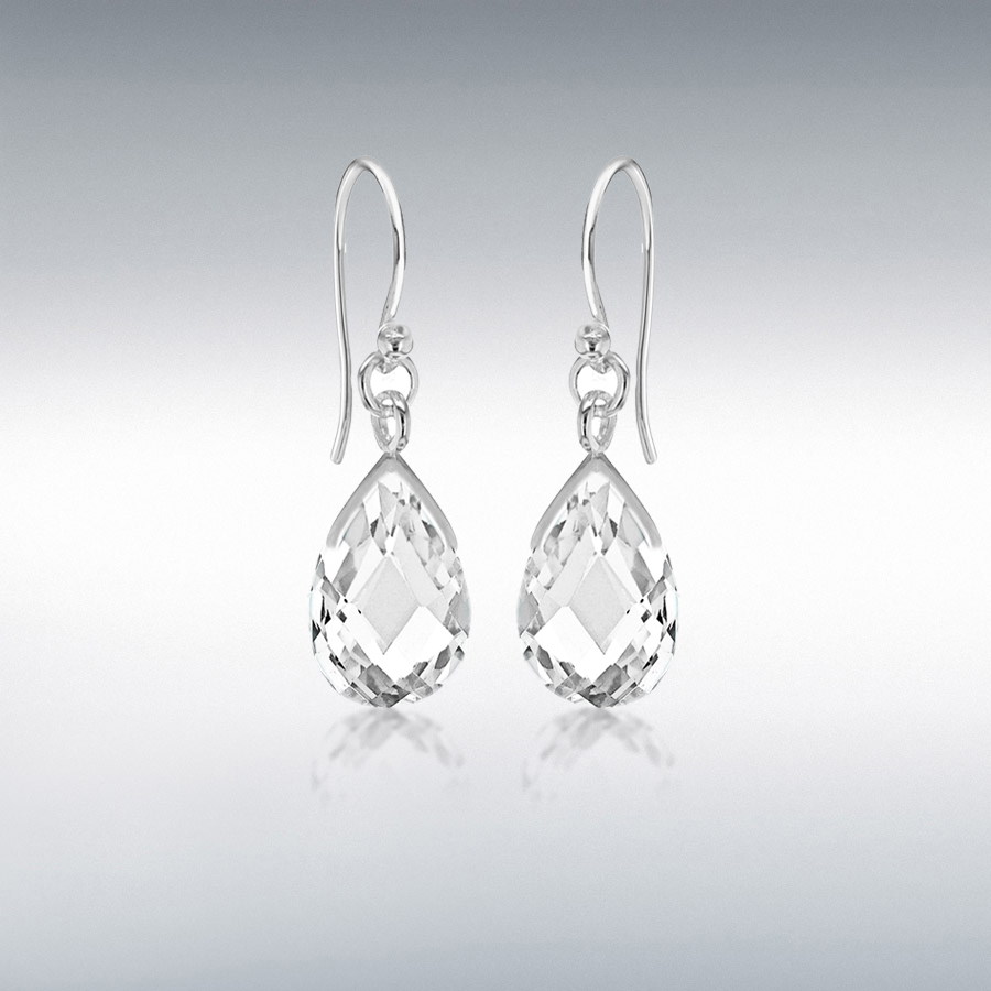 Sterling Silver White Crystal 8mm x 29mm Teardrop Earrings