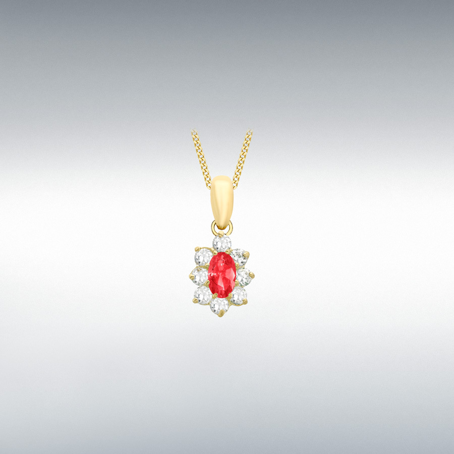 9ct Yellow Gold Oval Red and Round White CZ 8.2mm x 16.2mm Flower Cluster Pendant