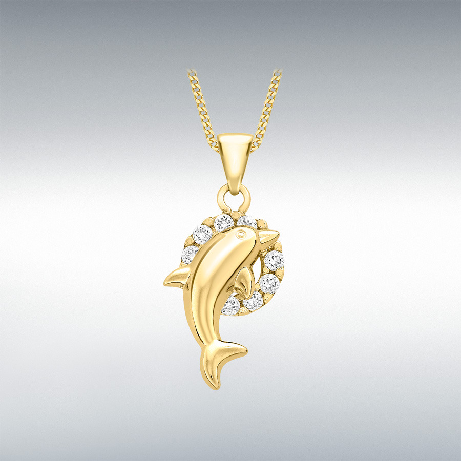 9ct Yellow Gold  CZ 10mm x 24mm Hoop & Dolphin Pendant