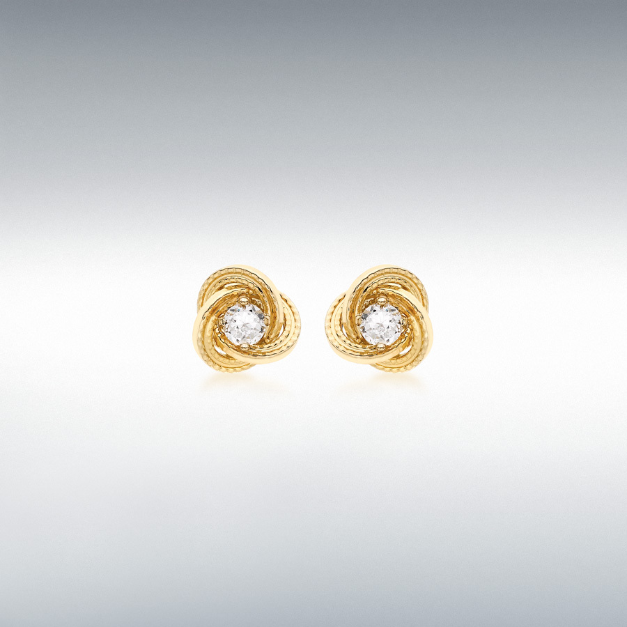 9ct Yellow Gold 3mm CZ 8mm Knot Stud Earrings