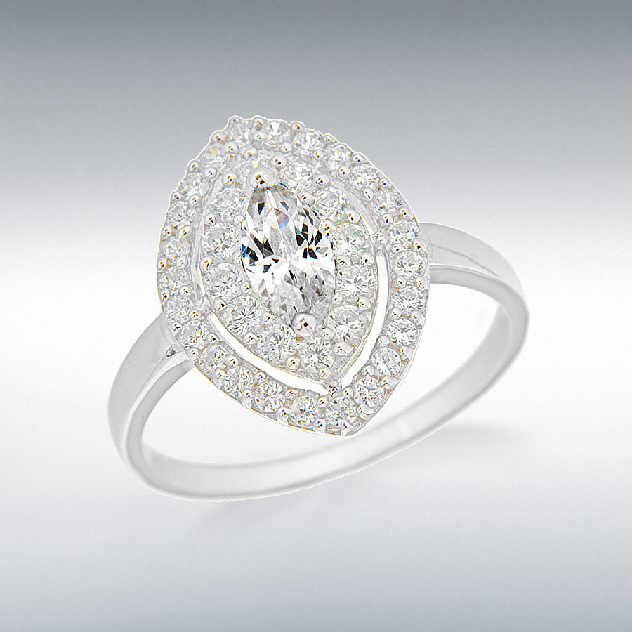 Sterling Silver Rhodium Plated White Marquise and Round CZ Elliptic Ring