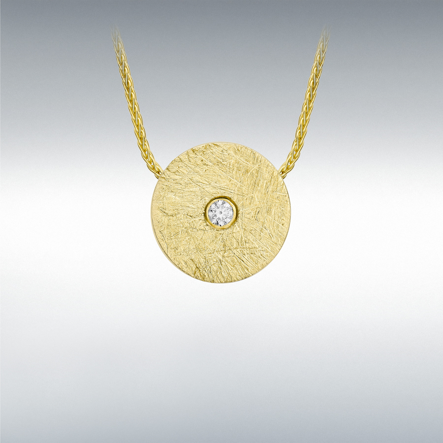 9ct Yellow Gold CZ 11.5mm Brushed Disc Spiga Chain Adjustable Necklace 41cm/16"-43cm/17"