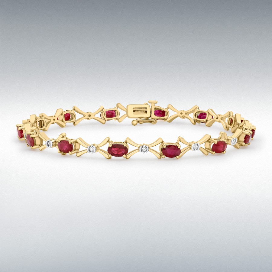 9ct Yellow Gold 0.12ct Diamond and Ruby Link Bracelet 18cm/7"