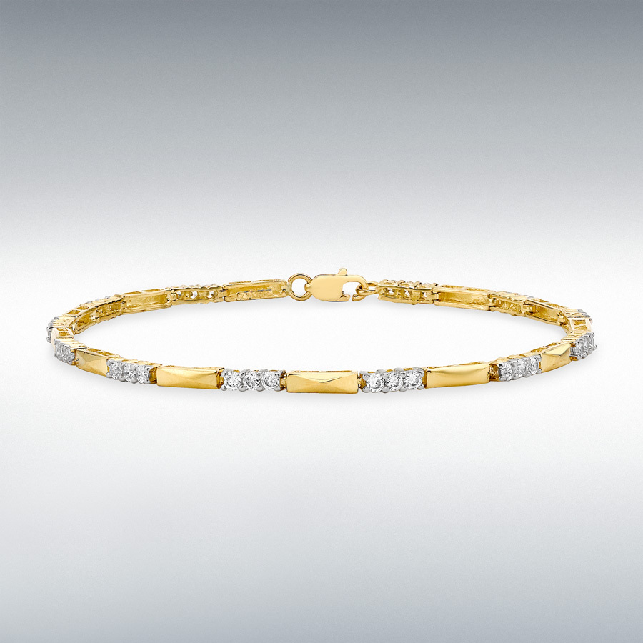 9ct Yellow Gold CZ and Bar-Link Bracelet 19cm/7.5